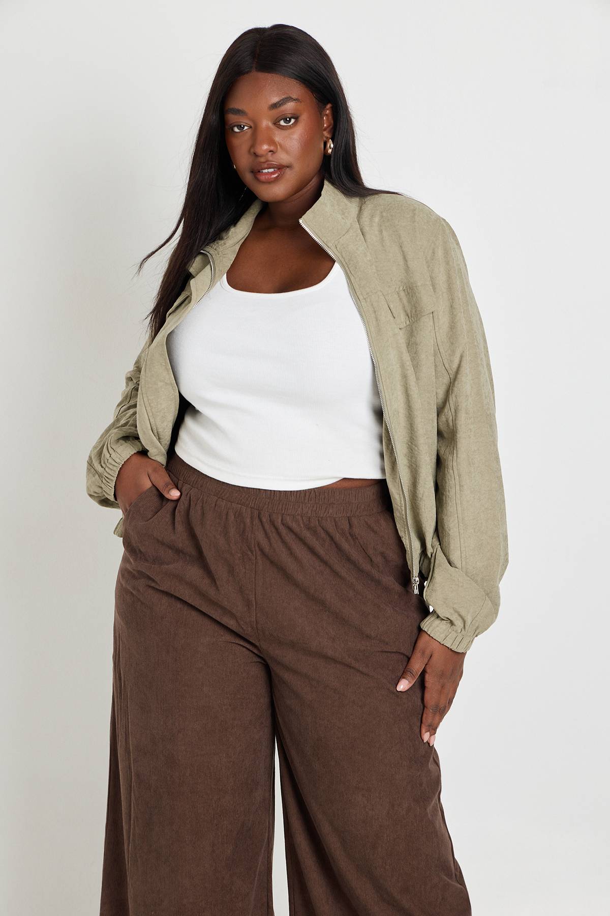boohoo Veste Zippée Grande Taille Col Montant En Tissu Pêche
