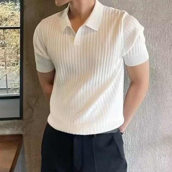 Double White - Poloshirt met korte mouwen en V-hals, effen geribbeld breisel