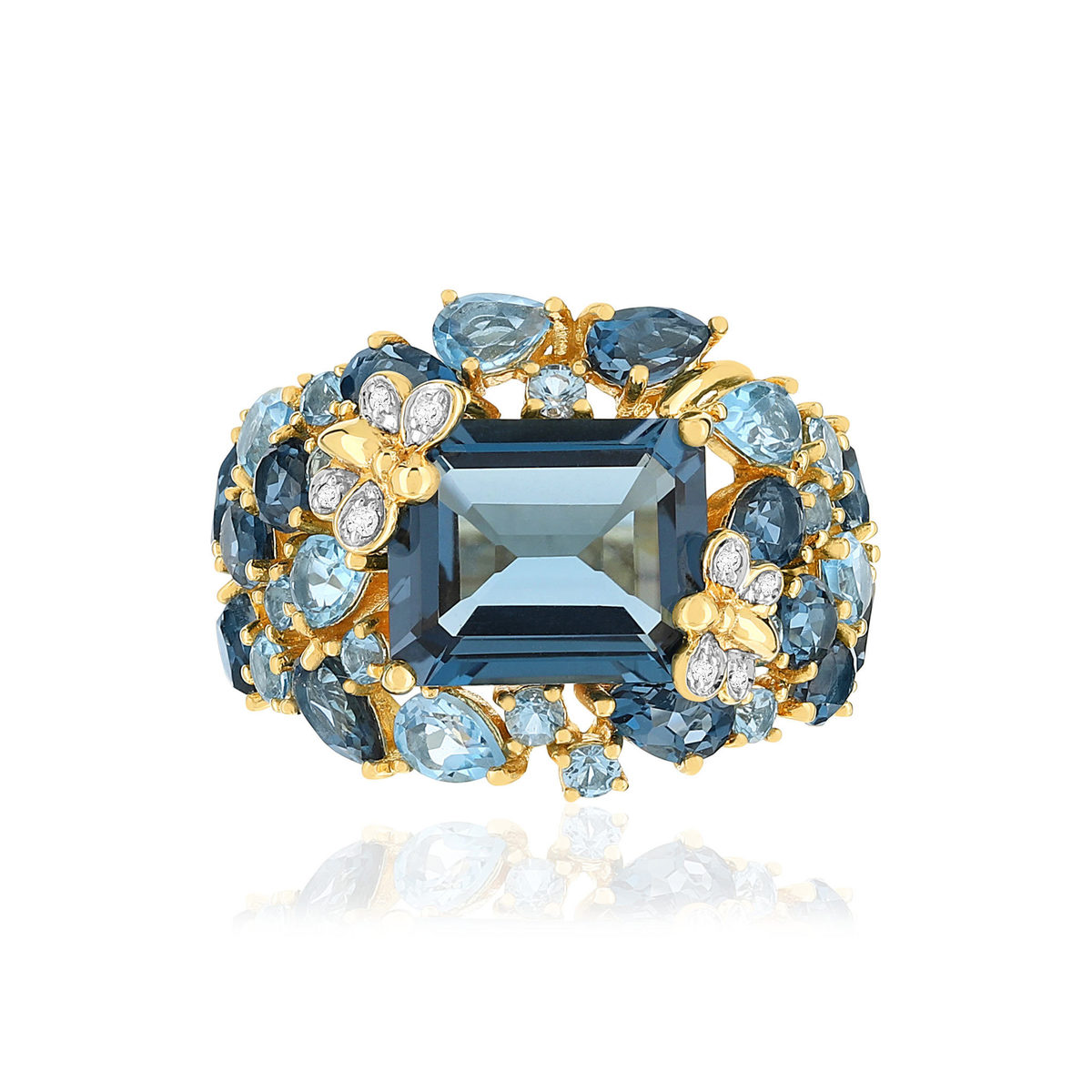 Bague or jaune 750 papillons topazes London Blue et Swiss Blue et diamants