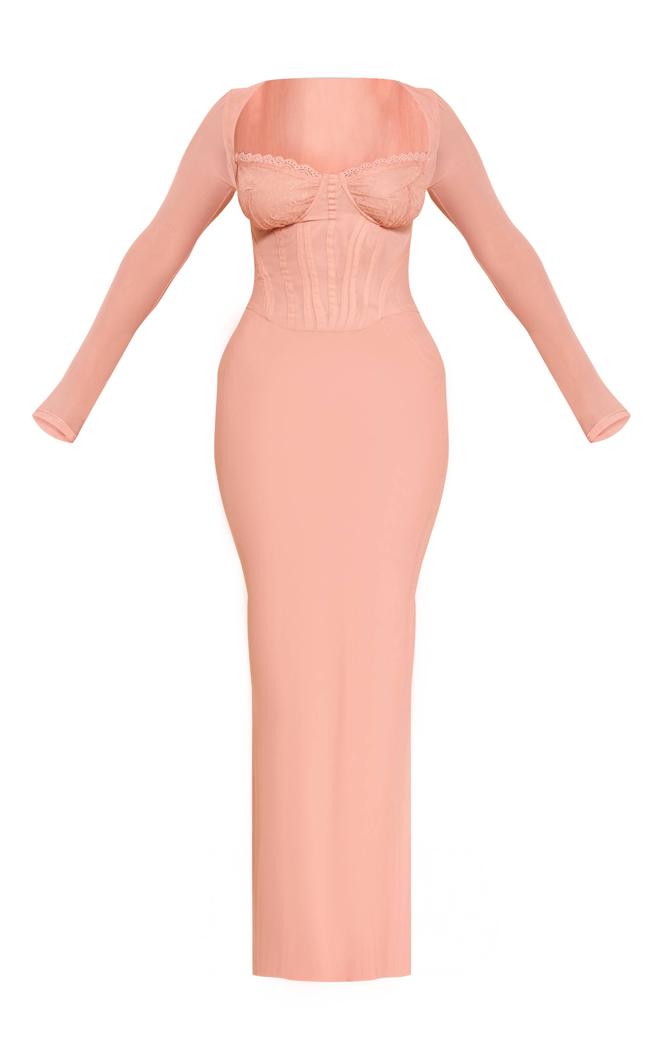 Pêche Robe Longue Corsetée En Mesh Avec Empiècement En Dentelle Shape