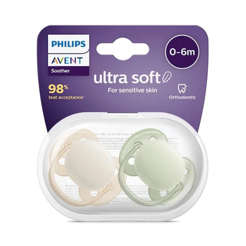 Lot de 2 sucettes silicone Ultra Soft 0-6M (coloris aléatoires)