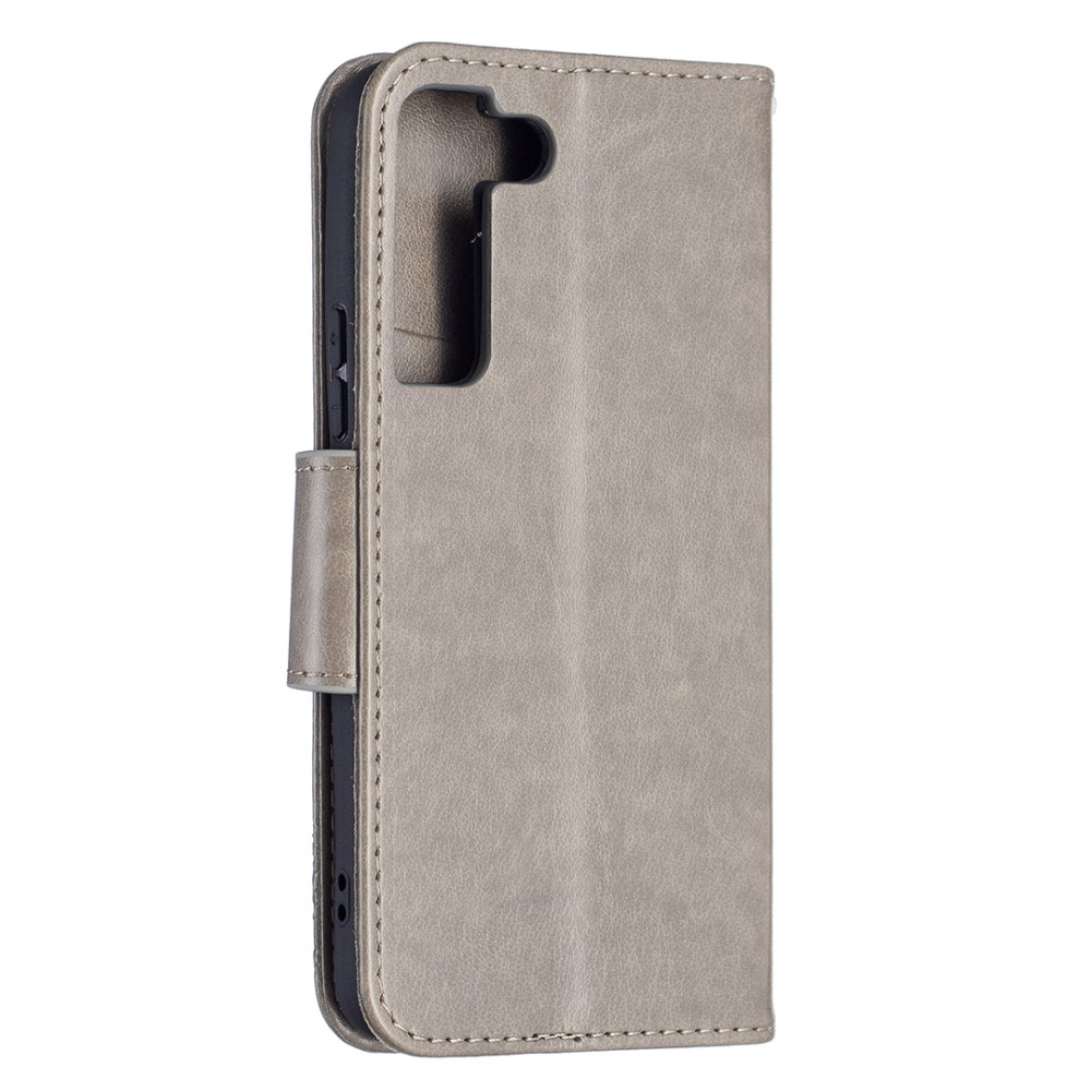 Samsung Galaxy S22 5G Leder Tasche mit Kartenfach   Handschlaufe Schmetterling - Grau