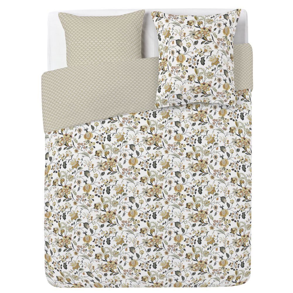 Parure de lit 2 places finition boutons coton imprimé fleuri beige