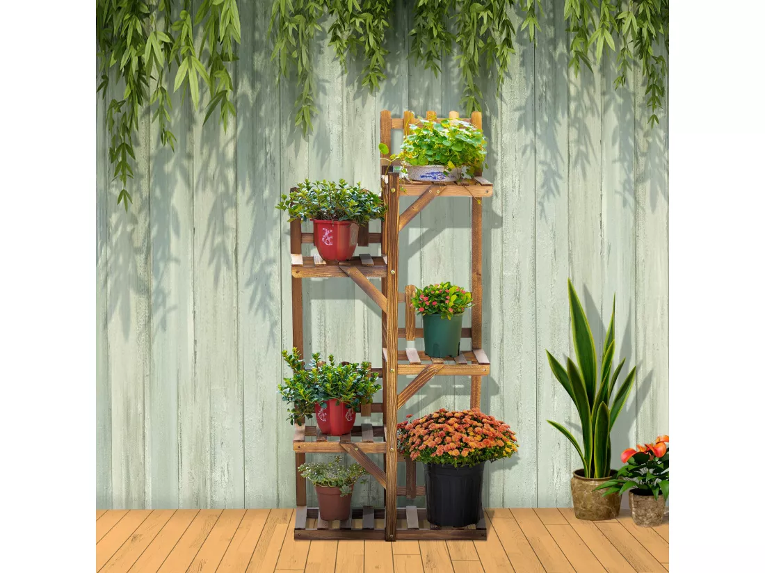 Étagère à fleurs en bois - porte plante bois 5 tablettes ornement petites barrières - dim. 60L x 30l x 130H cm - bois de sapin traité carbonisation