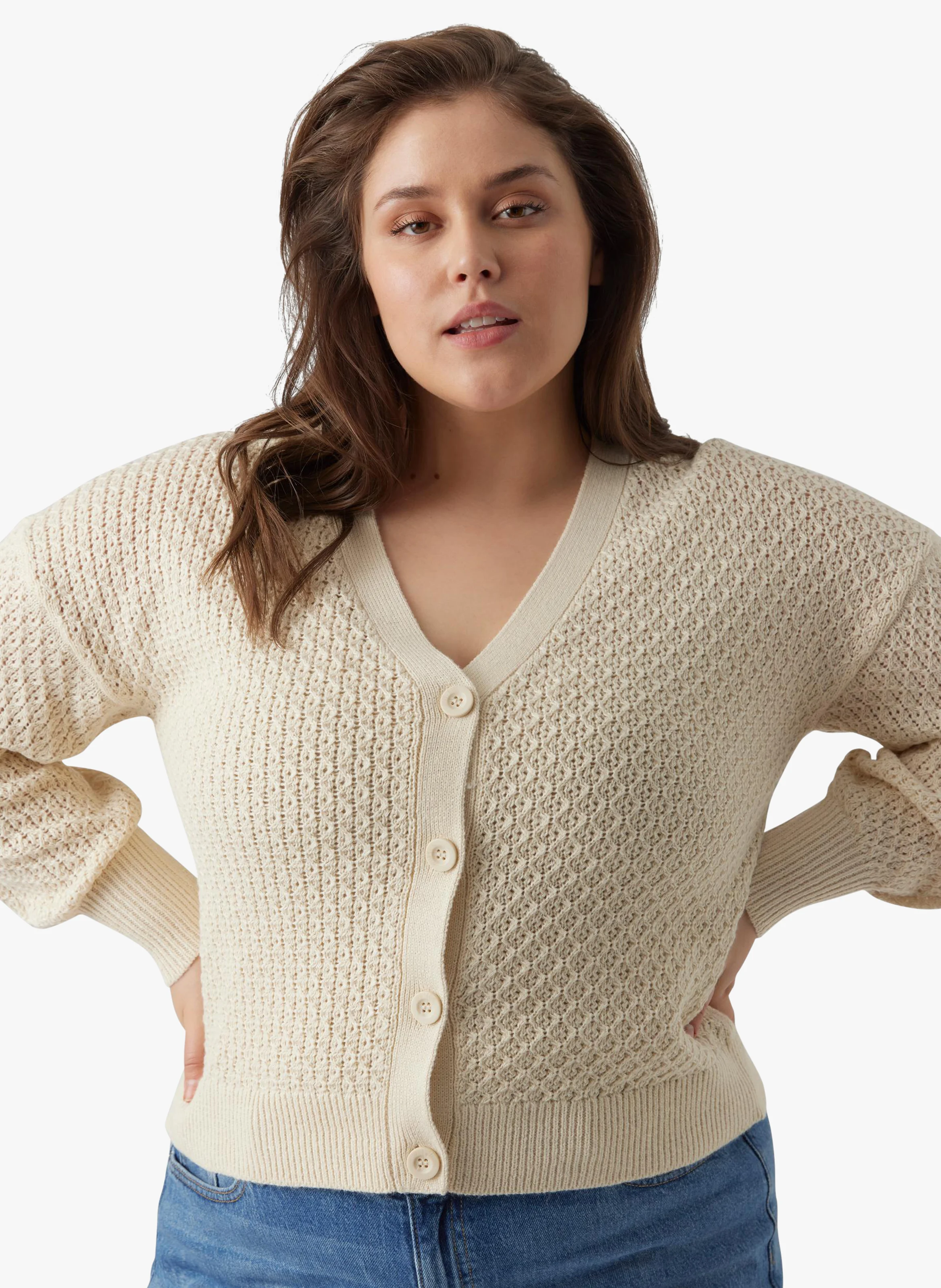 Cardigan en maille de coton bio mélangé| Beige