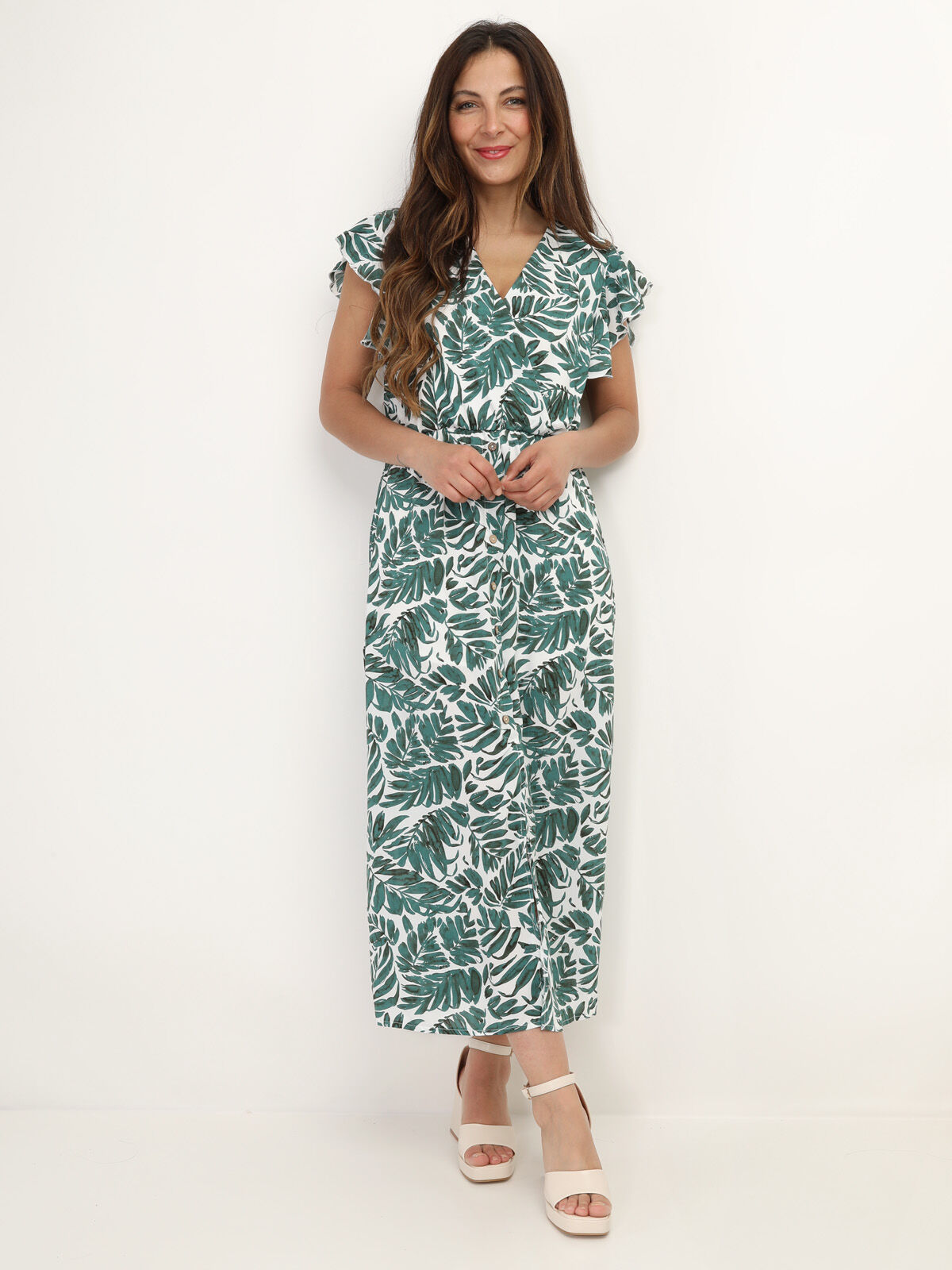 Robe longue cache cœur à imprimé feuilles- Vert