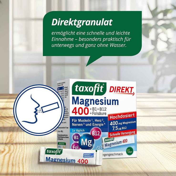 Taxofit Magnesium 400 + B1 + B6 + B12 + Folsäure 800 Granulat, 20 St
