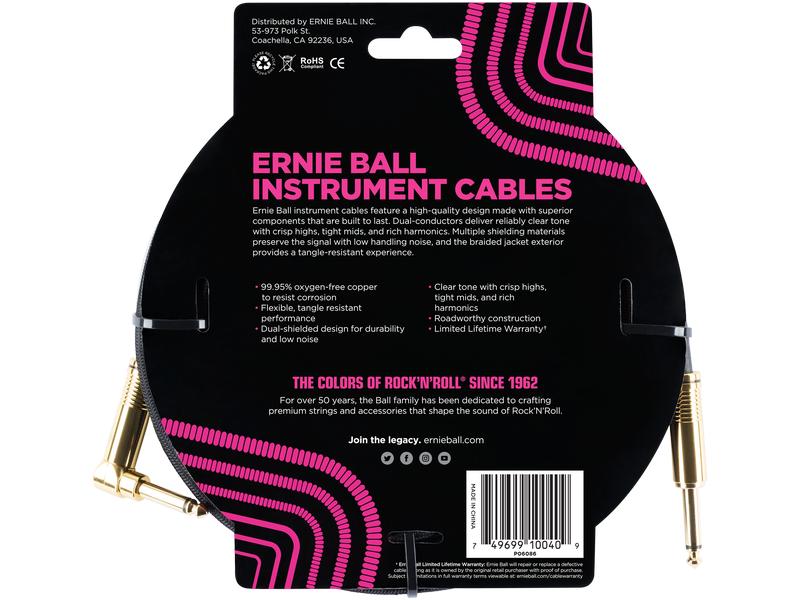 Ernie Ball Instrumentenkabel 6086 – 5.49 m, Schwarz Geflochtenes Standardkabel für Instrumente, Klinke-Winkelklinke