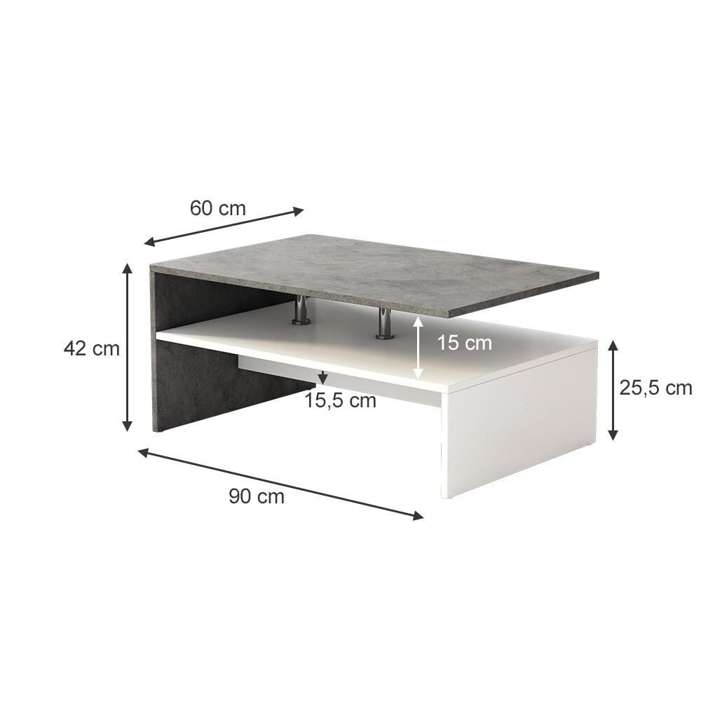 Oskar-Store Couchtisch Mike 90 x 42 cm, Beton Weiß, moderner Tisch mit Ablagen