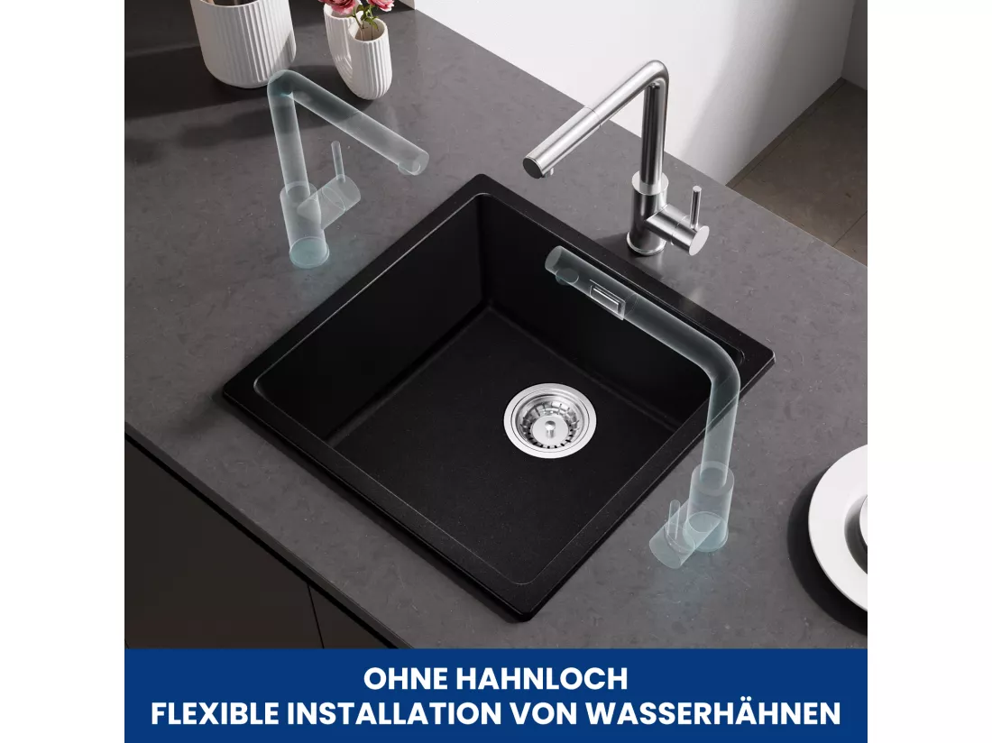 CECIPA MAX Evier 1 Bac en Quartz et Résine Noir Gris 45*44*20cm + Mitigeur de Cuisine à Ressort Noir avec Douchette Extractible