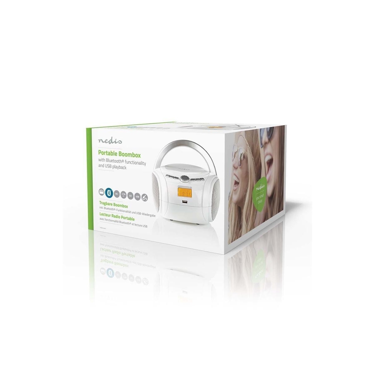 Nedis CD-spiller Boombox | Batteri drevet / Nettstrøm drevet | Stereo | 9 W | Bluetooth® | FM | USB-avspilling | Bære håndtak | Hvit