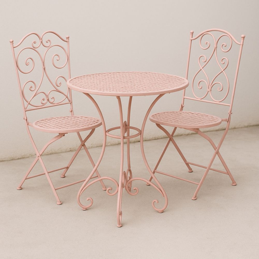 Balkonmöbel-Set aus Metall rund Tisch Durchmesser 60 cm und 2 Klappstühle Rosa