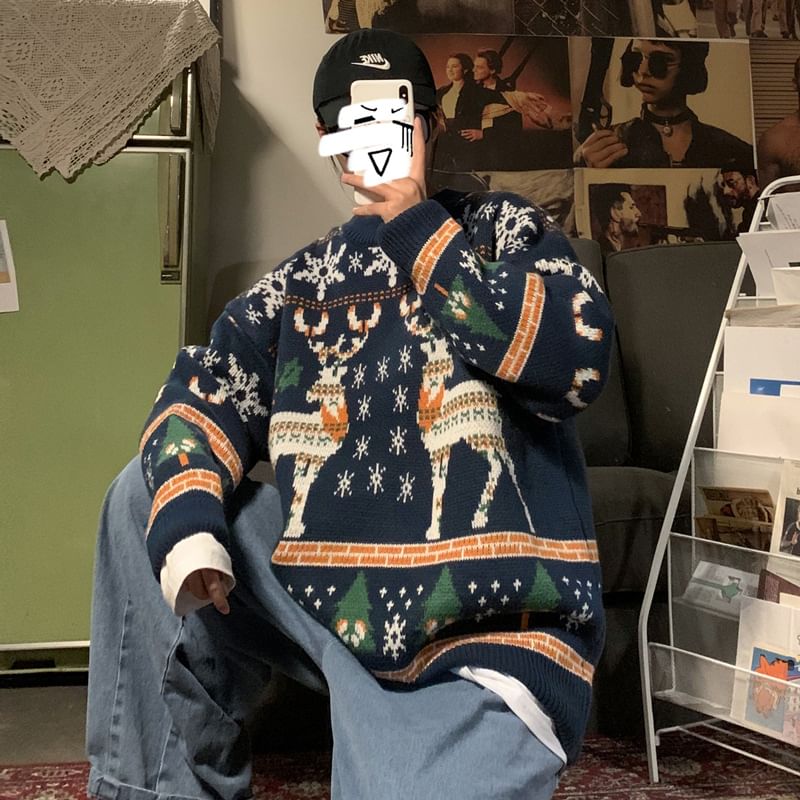 Dubbelwit - Unisex lange mouwen hertenprint losse kersttrui