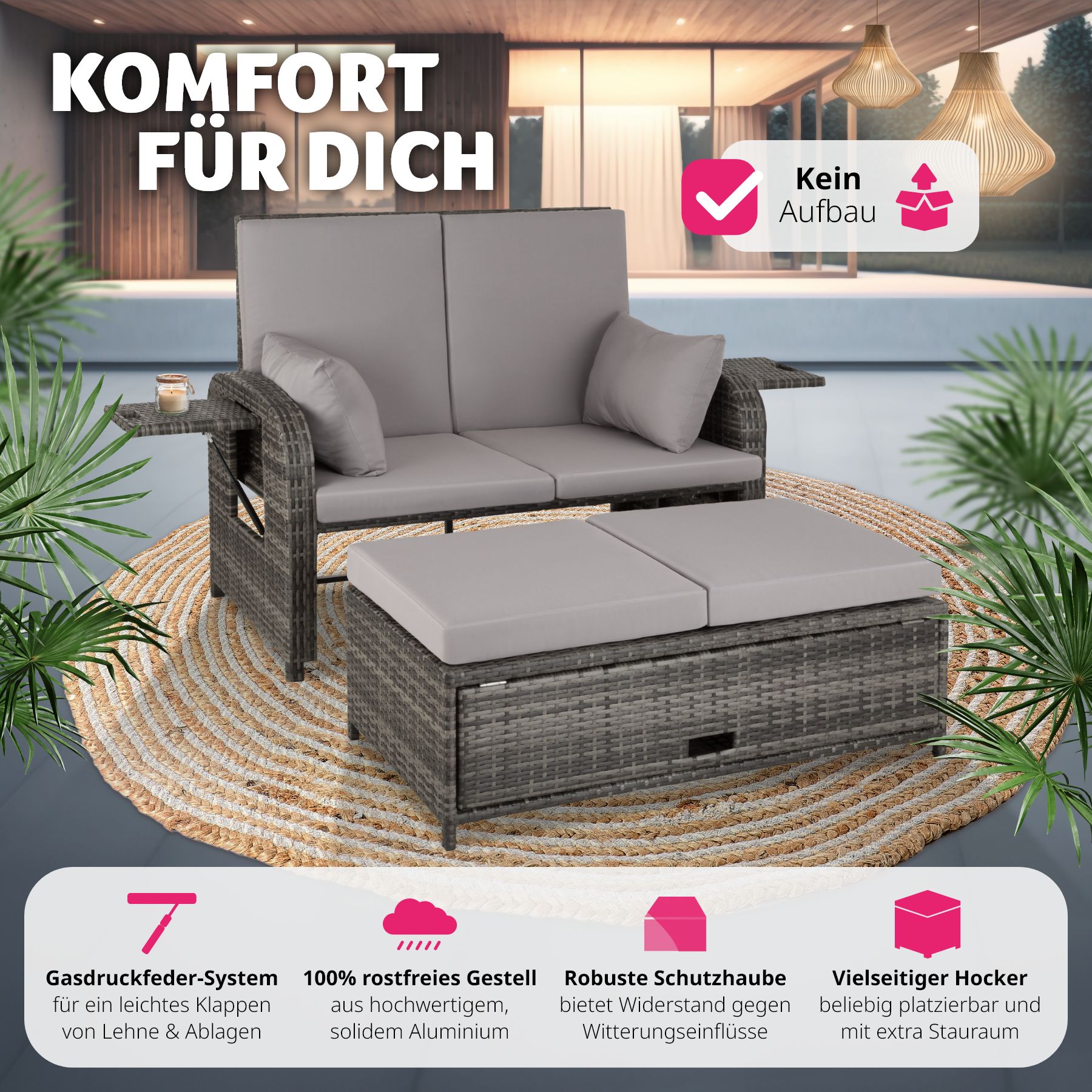 tectake® Rattan Sofa, mit Aluminiumgestell, zur Liege wandelbar, mit Stauraum und Schutzhülle