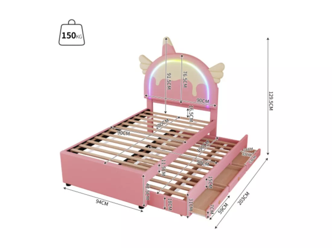Lit enfant en forme de licorne 90x200cm rose