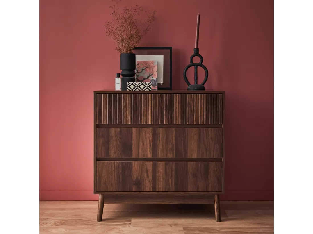 Commode de rangement décor bois de noyer. 3 tiroirs