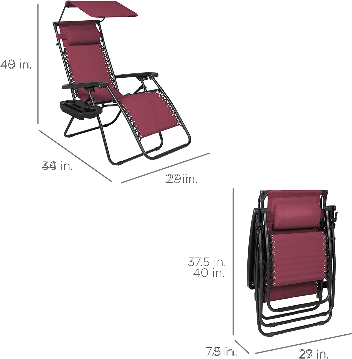 Folding Zero Gravity Outdoor Recliner Patio Lounge Chair w/Adjustable Canopy Shade, Headrest, Side Accessory Tray, Textilene Mesh - Beige