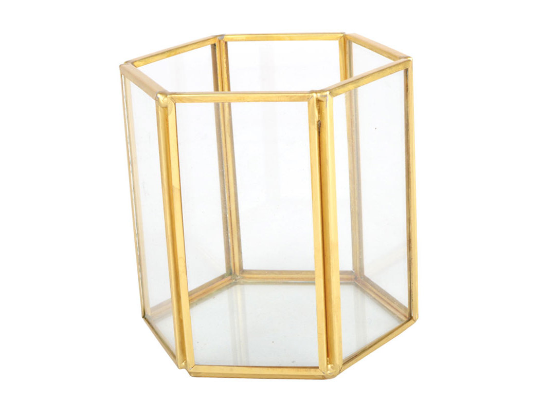 CASTIÇAL VIDRO E METAL ACTUEL DOURADO TRANSPAR 9*9
