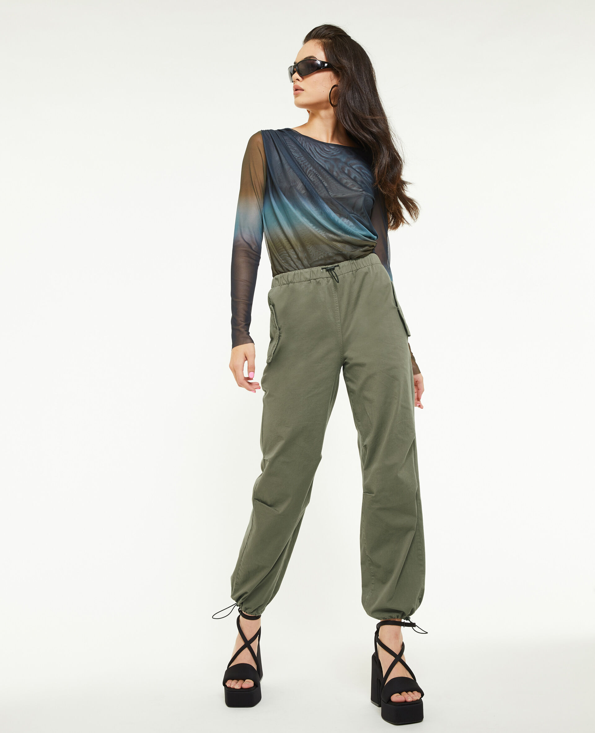 Pantalon parachute bas élastiqués - Vert kaki