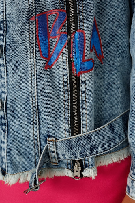 Jeansjacke, Used-Look, Rücken-Print, Zierzipper, Fransensaum