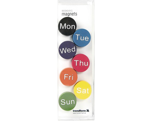 Decoratieve magneten, dagen van de week, set van 7, diverse kleuren
