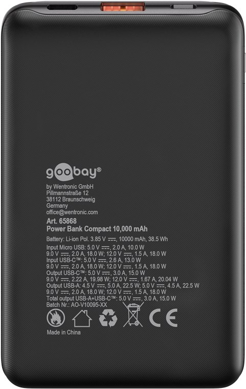 (22.5W) 10000mAh USB A / USB C Powerbank Power Delivery Ladegerät (65868) - Schwarz
