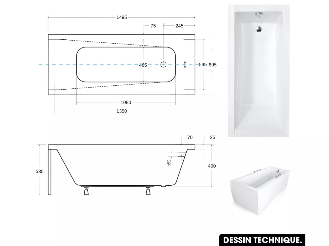 Baignoire rectangulaire - avec Tablier Blanc et Repose Tête OFFERT | MODERN | 150 x 70 cm