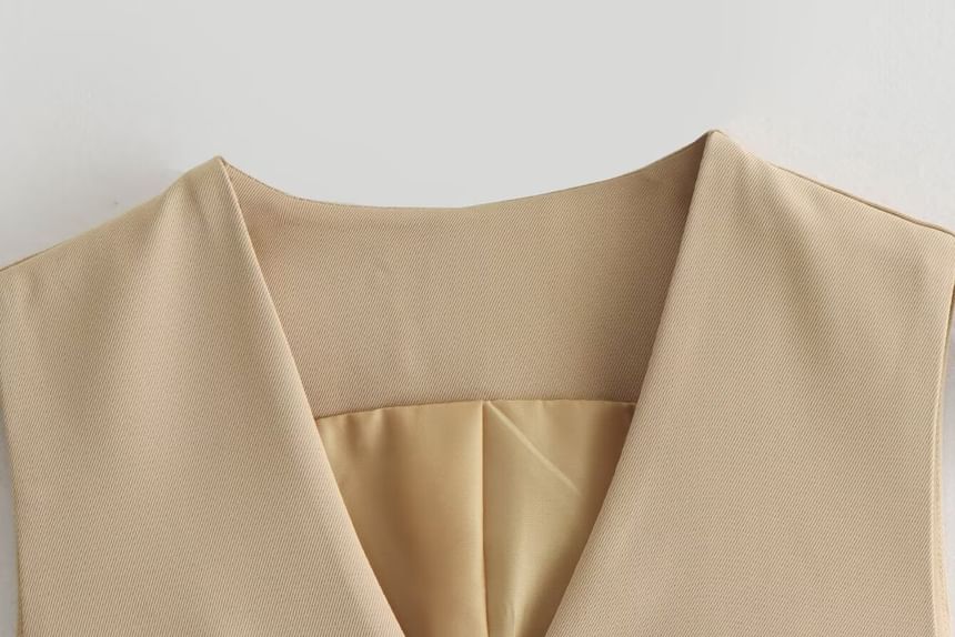 Sensarra - V-hals effen knoopvest / elastische tailleband midi A-lijn rok / set