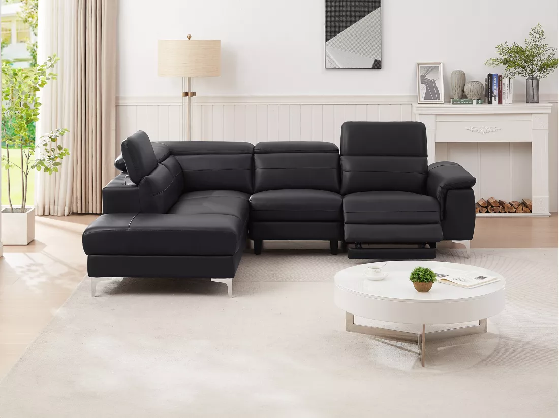 Canapé d'angle gauche relax électrique en cuir noir FUSINO