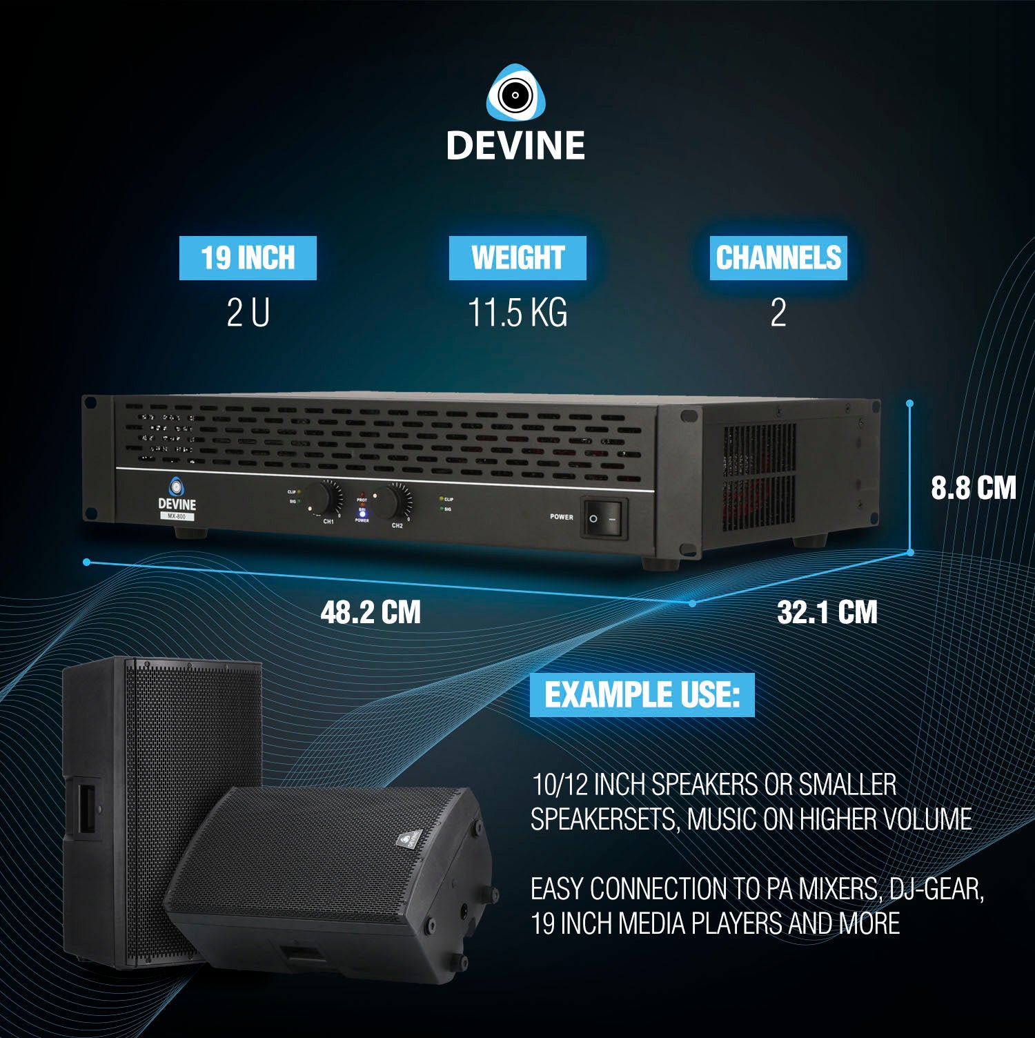 Devine MX-800 2-kanaals PA-eindversterker 2x 400W @ 8 Ohm