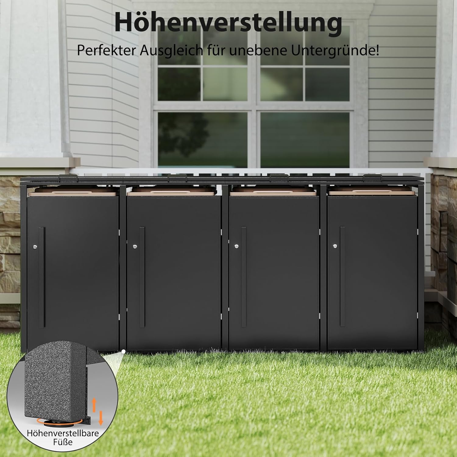 Metallische Mülltonnenbox für 120-240 Liter, 264 x 80 x 116 cm, Mülltonnenlagerung für 4 Tonnen, Verzinktes Stahl-Müllschuppen, Außendeckel mit abschließbarer Tür für Garten und Hinterhof