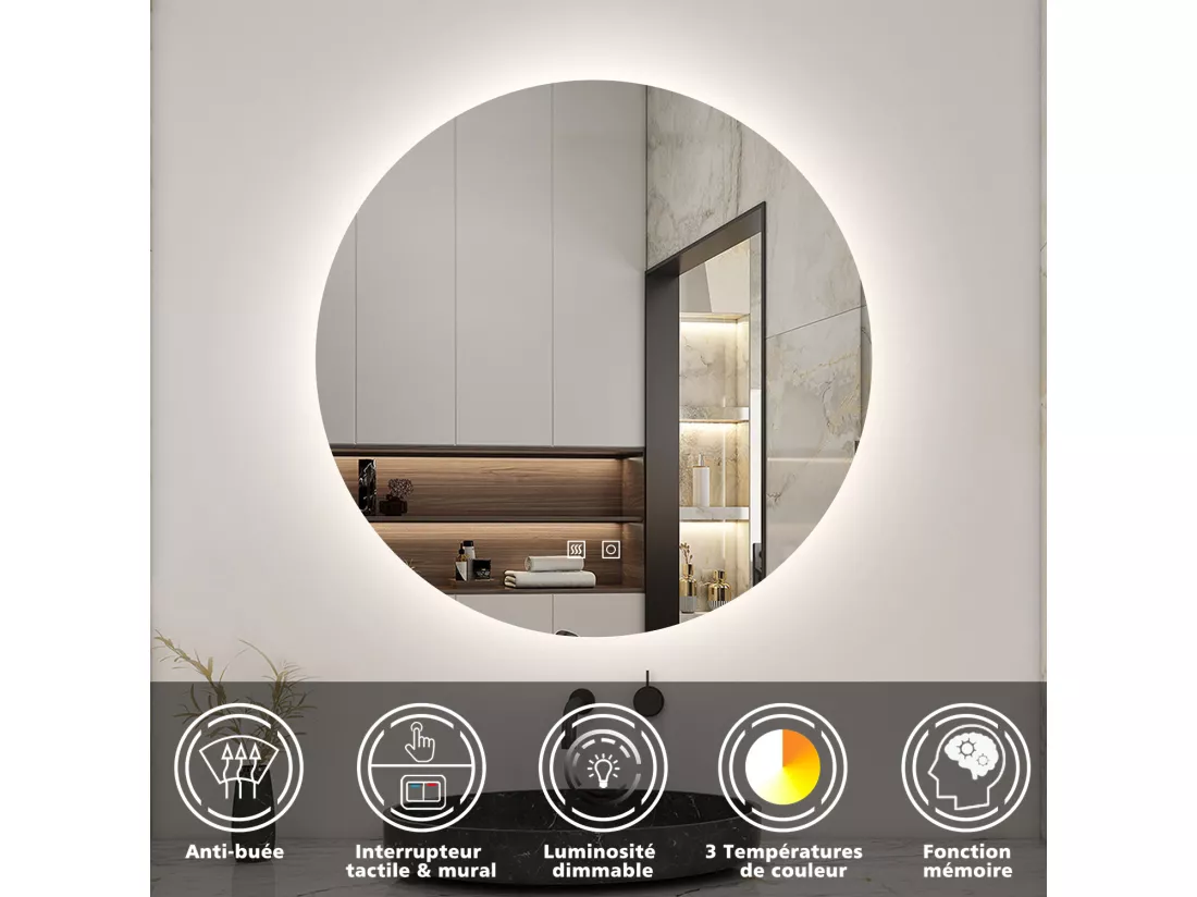 AICA LED Miroir lumineux rond 90cm 3 couleurs + anti-buée + dimmable + mémoire miroir salle de bain