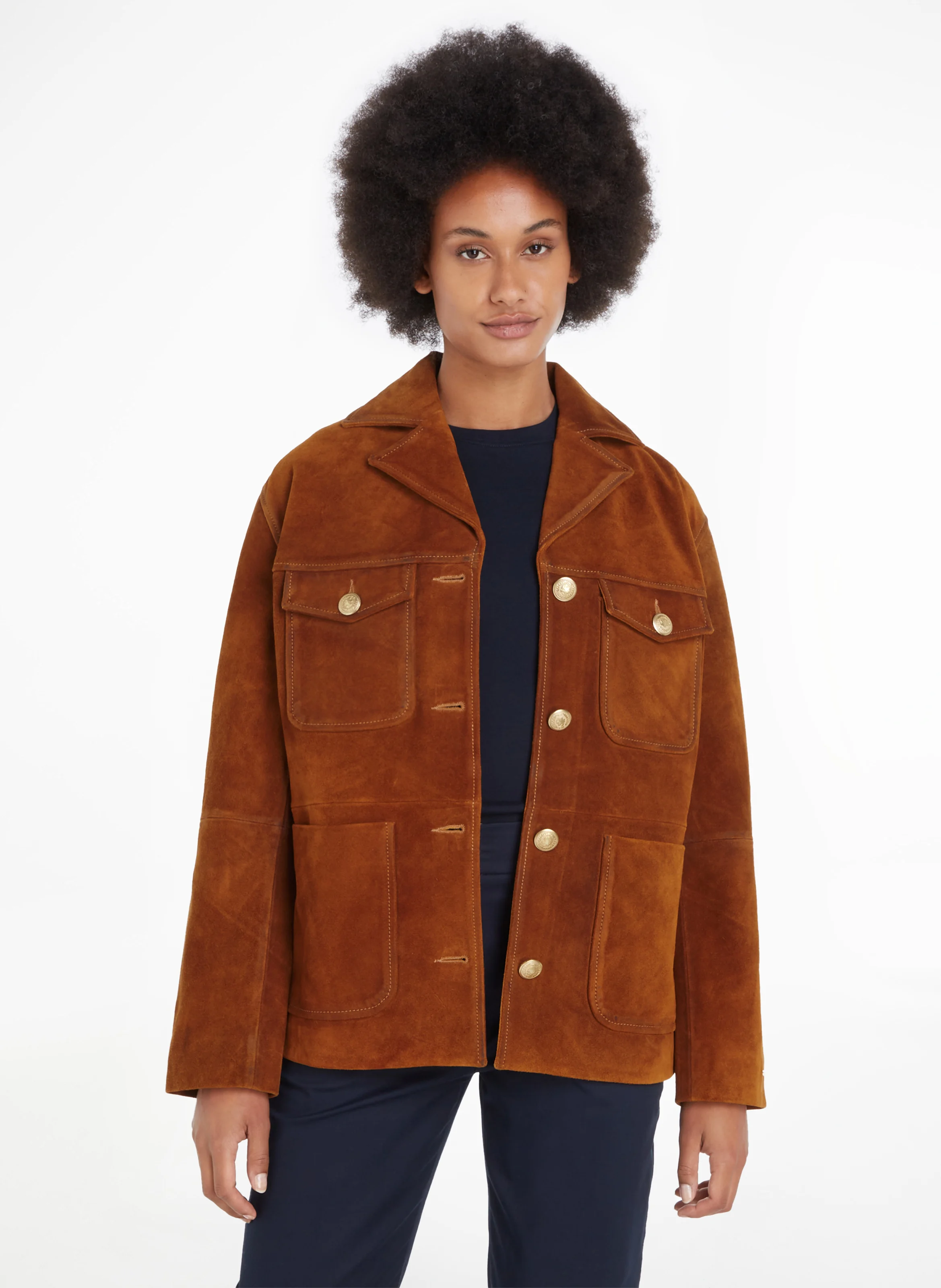 Veste droite col classique en cuir velours | Marron