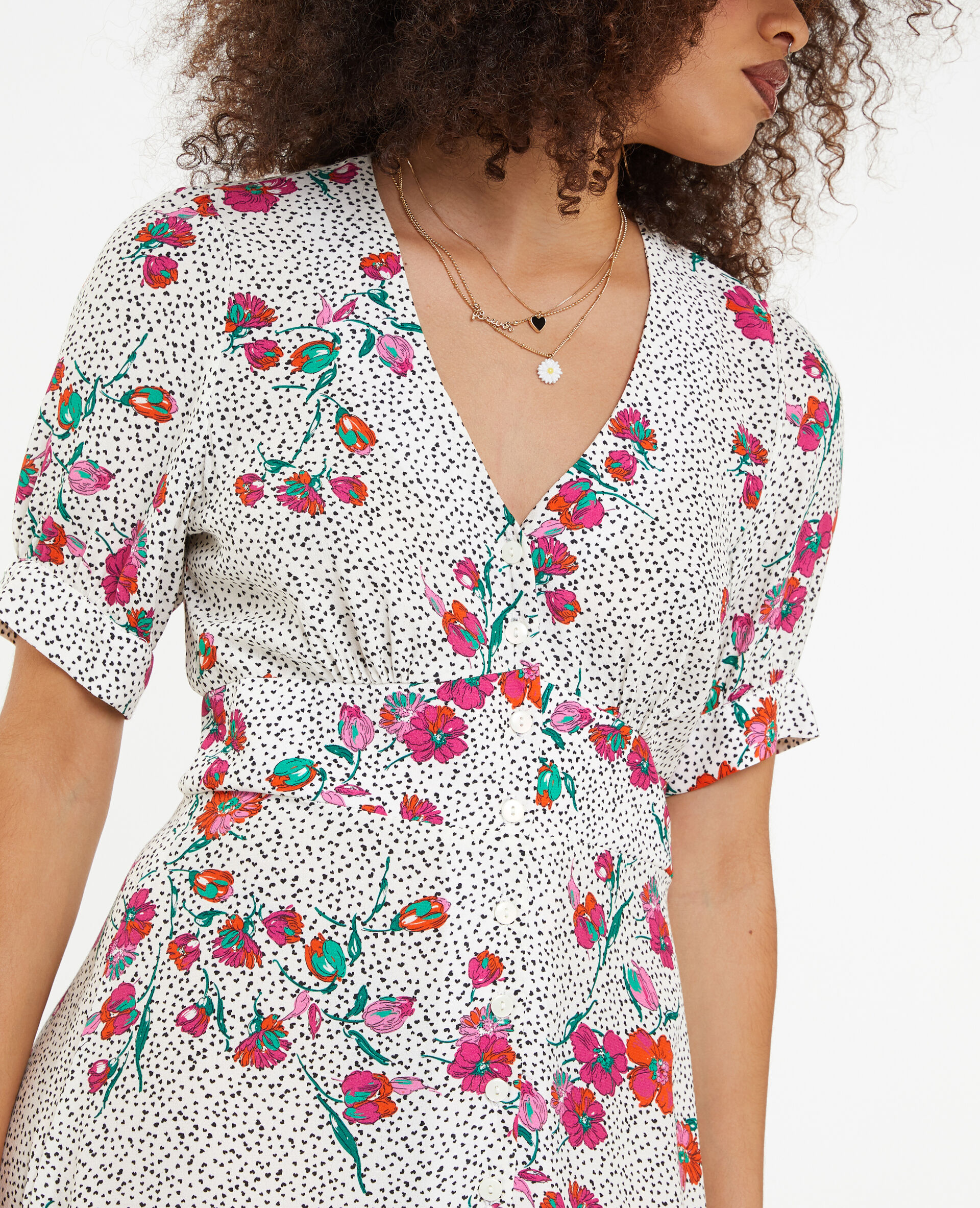 Robe longue boutonnée motif cœurs et fleurs - Blanc