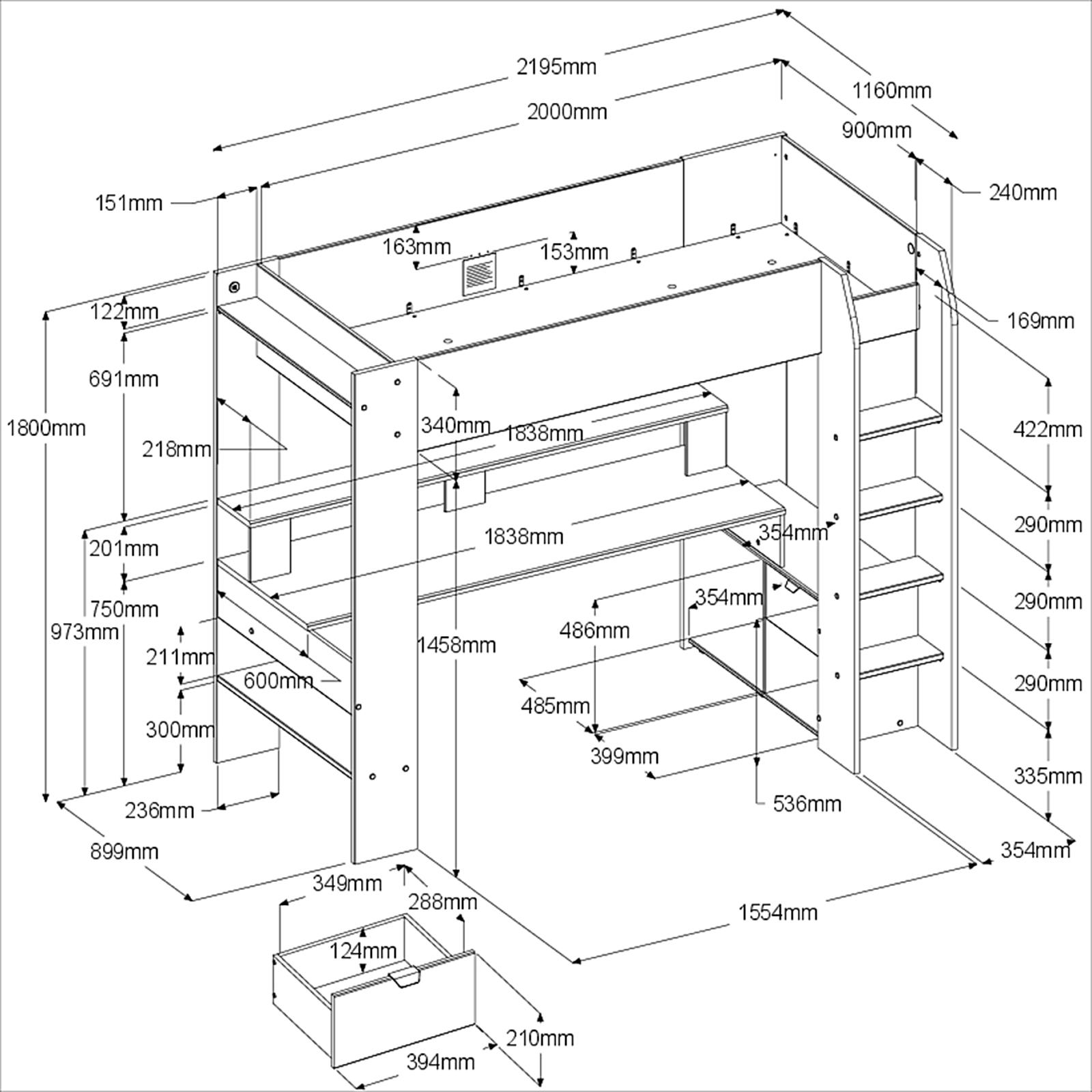 Hochbett ONLINE 1 - schwarz - mit Schreibtisch - 90x200 cm