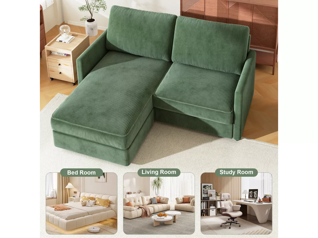 Canapé d'angle 2 places - angle droit / gauche réversible - 180x140x86cm - en Tissu Velours côtelé - Charge max 300kg - Vert
