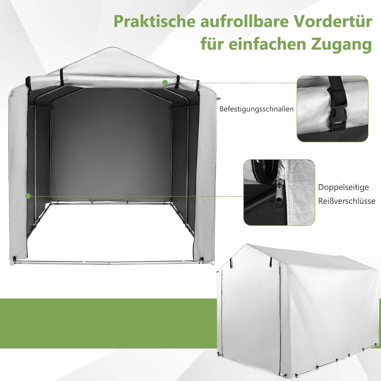 COSTWAY Garagenzelt 160 x 218 x 164 cm, Gerätehaus Wasserdicht mit Metallrahmen & aufrollbarer Reißverschlusstür, Zeltgarage für Fahrräder Motorräder Gartengeräte (Silbergrau)