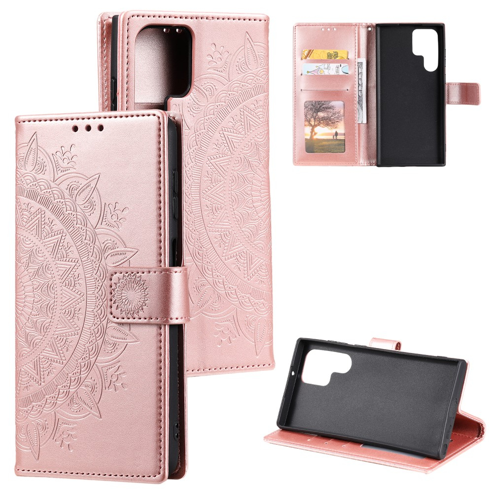 Samsung Galaxy S24 Ultra Leder Tasche Wallet - Mandala Flowers Imprint - Roségold