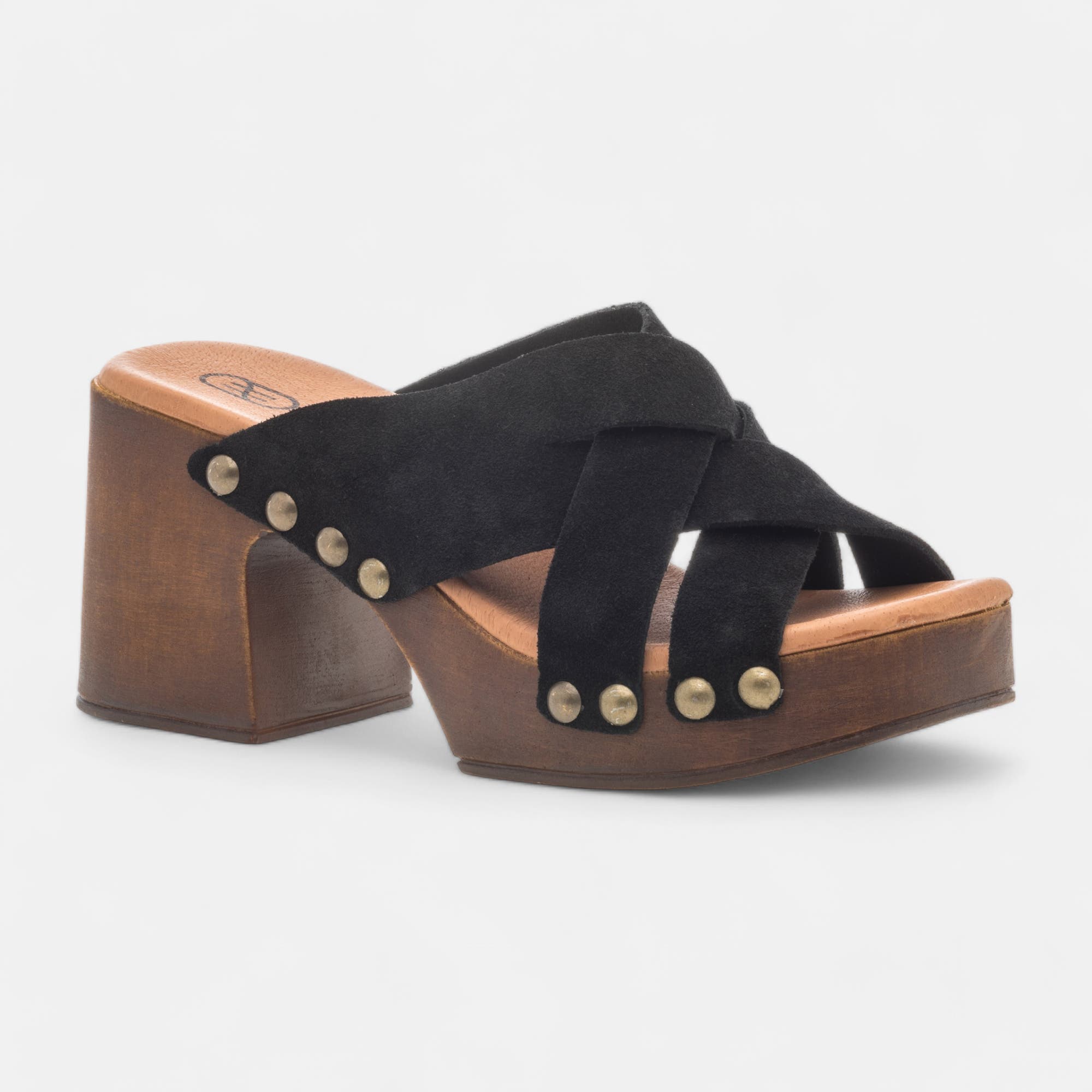 Chaussures semelle bois à talon Femme en cuir noir