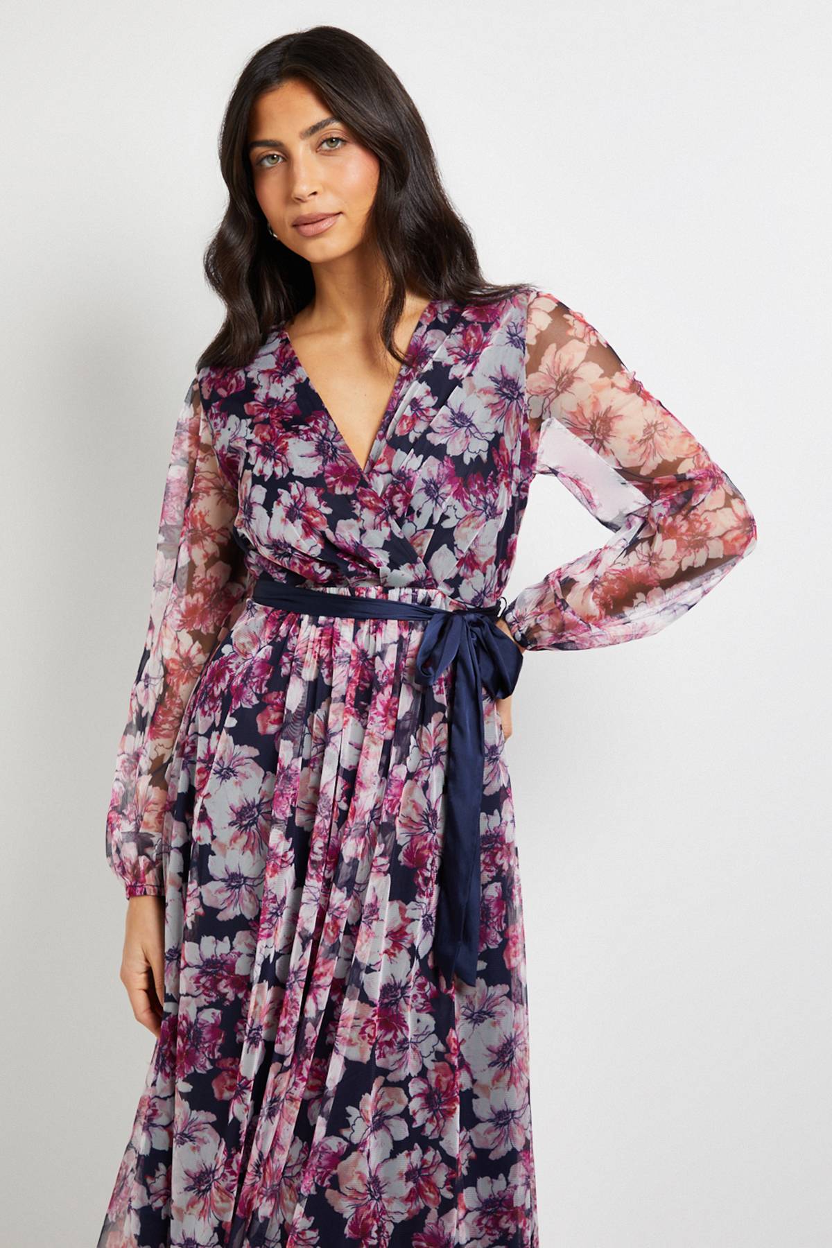 Wallis Robe Midi en Satin à Nouer avec Superposition de Tulle Floral
