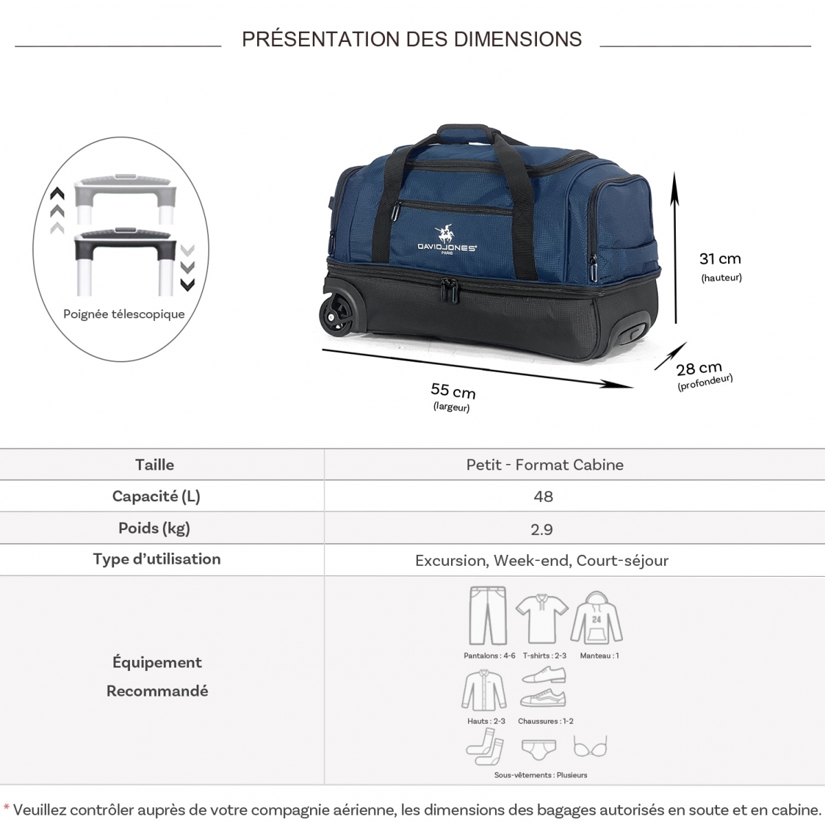 David Jones Sac de voyage cabine à roulettes 48L double compartiment David Jones Taille S 55cm