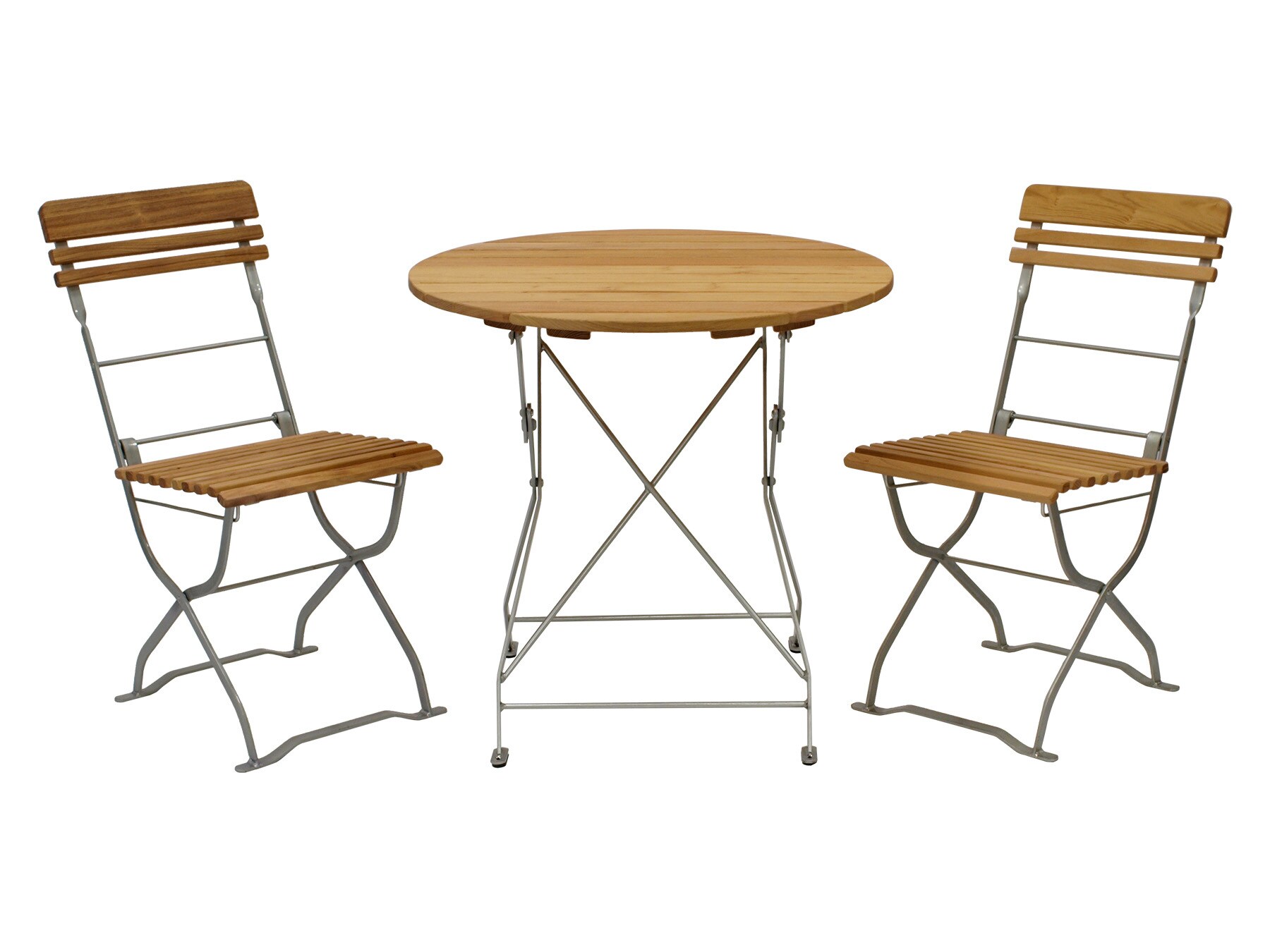 DEGAMO Biergarten - Garnitur MÜNCHEN 3-teilig (2x Stuhl, 1x Tisch 77cm rund), Flachstahl verzinkt + Robinie