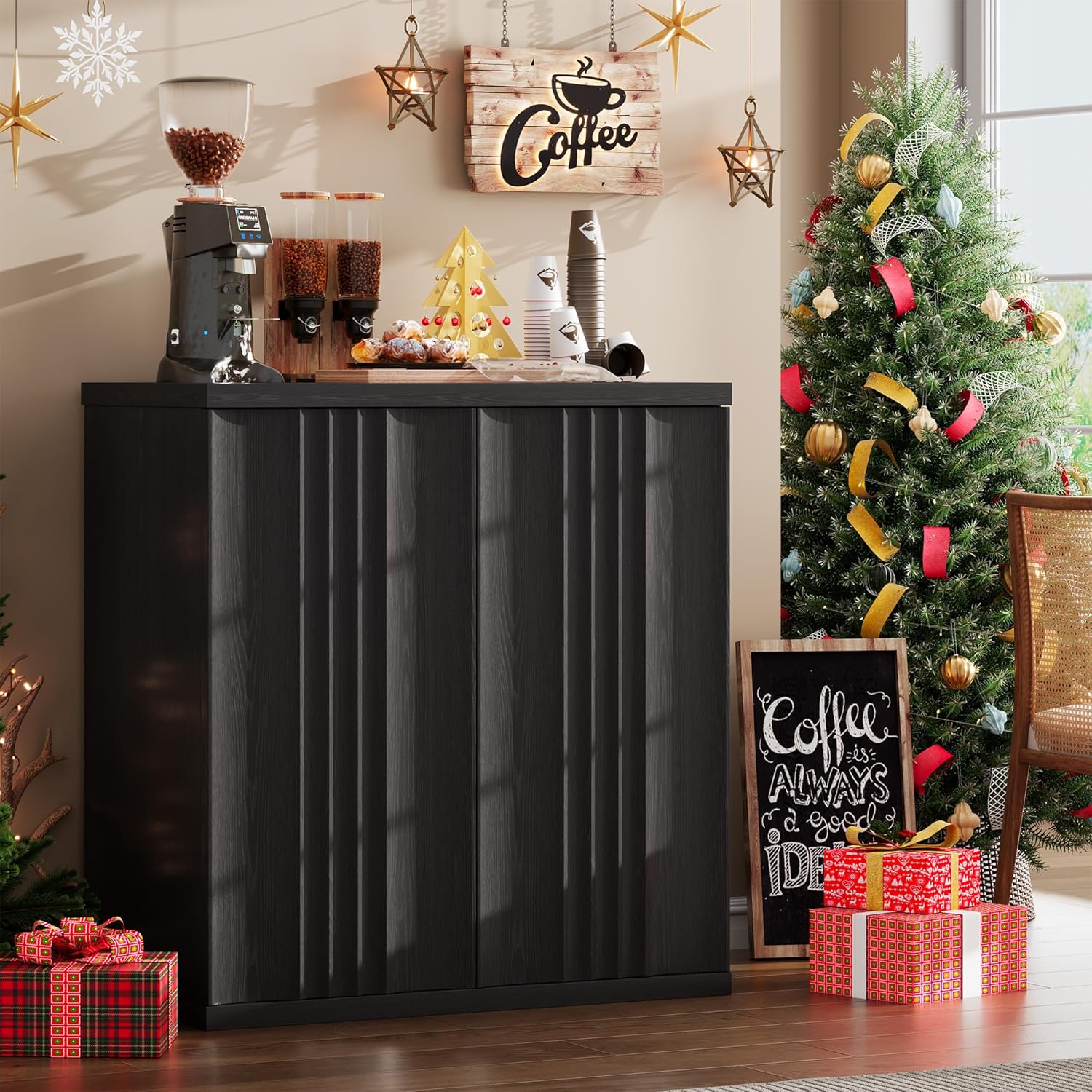 LVSOMT Moderne Sideboard Holz, Kommode mit 2 Wellen Türen, 85cm Hoch Buffetschrank, Verstellbares Regal, Magnetische Tür, Holzschrank Für Wohnzimmer Esszimmer Schlafzimmer Flur, Schwarz