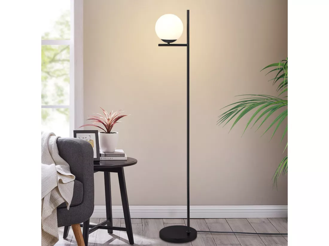 NETTLIFE Lampadaire Industriel - Noir Moderne avec Interrupteur à Pied Métal Design Blanc Verre Lampadaire E27 Vintage Câble 2M