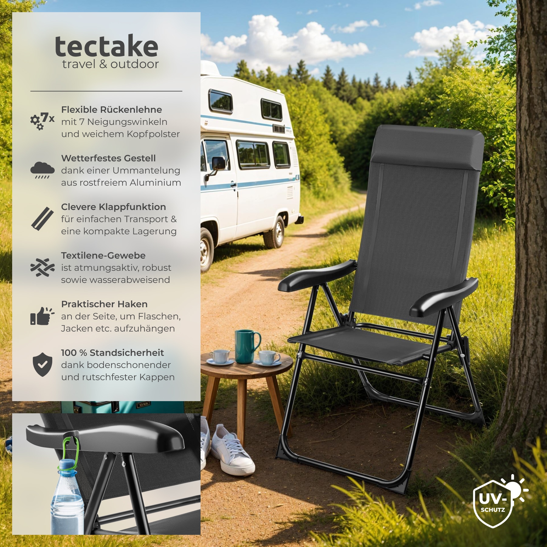 tectake® Campingstuhl, klappbar, 7-fach verstellbare Rückenlehne mit Kopfpolster, Belastbarkeit 120 kg, 57 x 65 x 112 cm