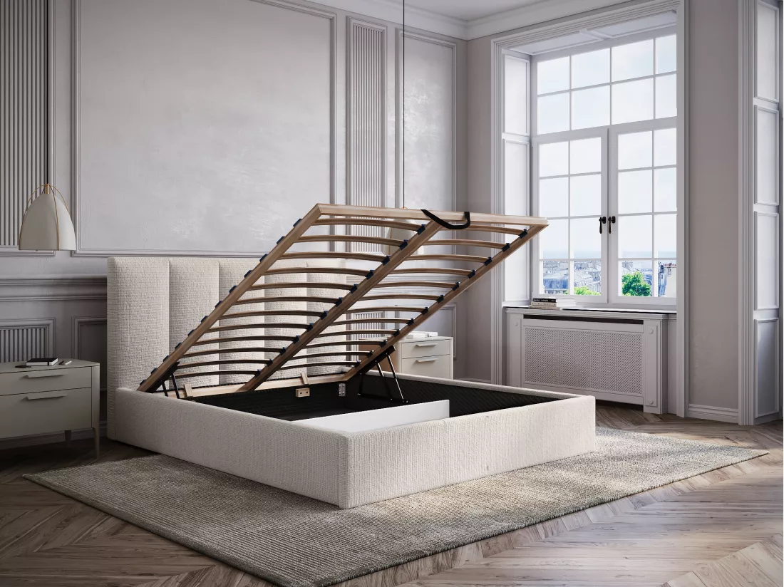 Lit coffre 160 x 200 cm avec tête de lit coutures verticales - Tissu - Beige - KILACLO