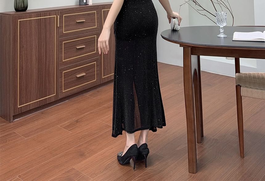 Yuxi - Spaghettibandjes V-hals pailletten split bodycon maxi-jurk