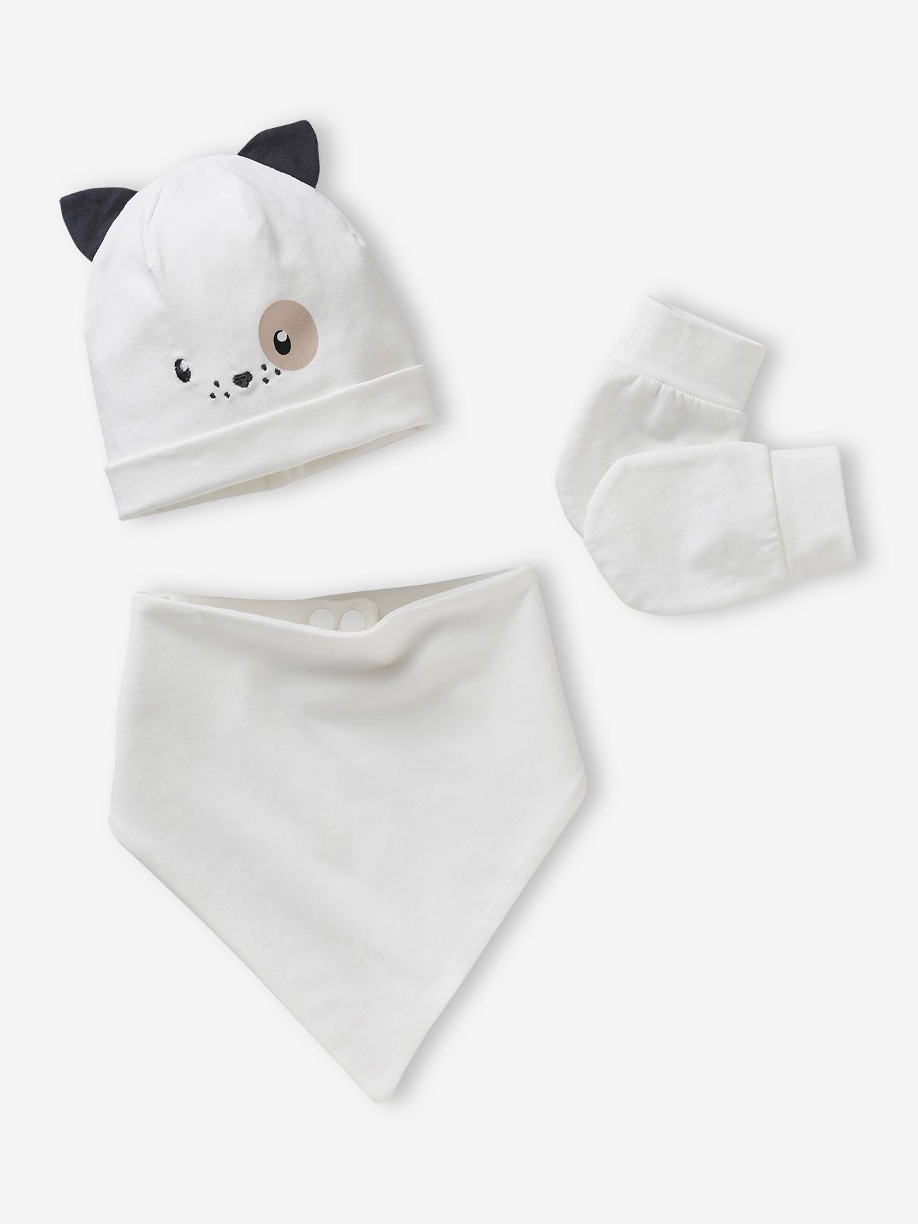Conjunto personalizável de gorro, luvas e cachecol de tricô com estampa de cachorro para bebê branco