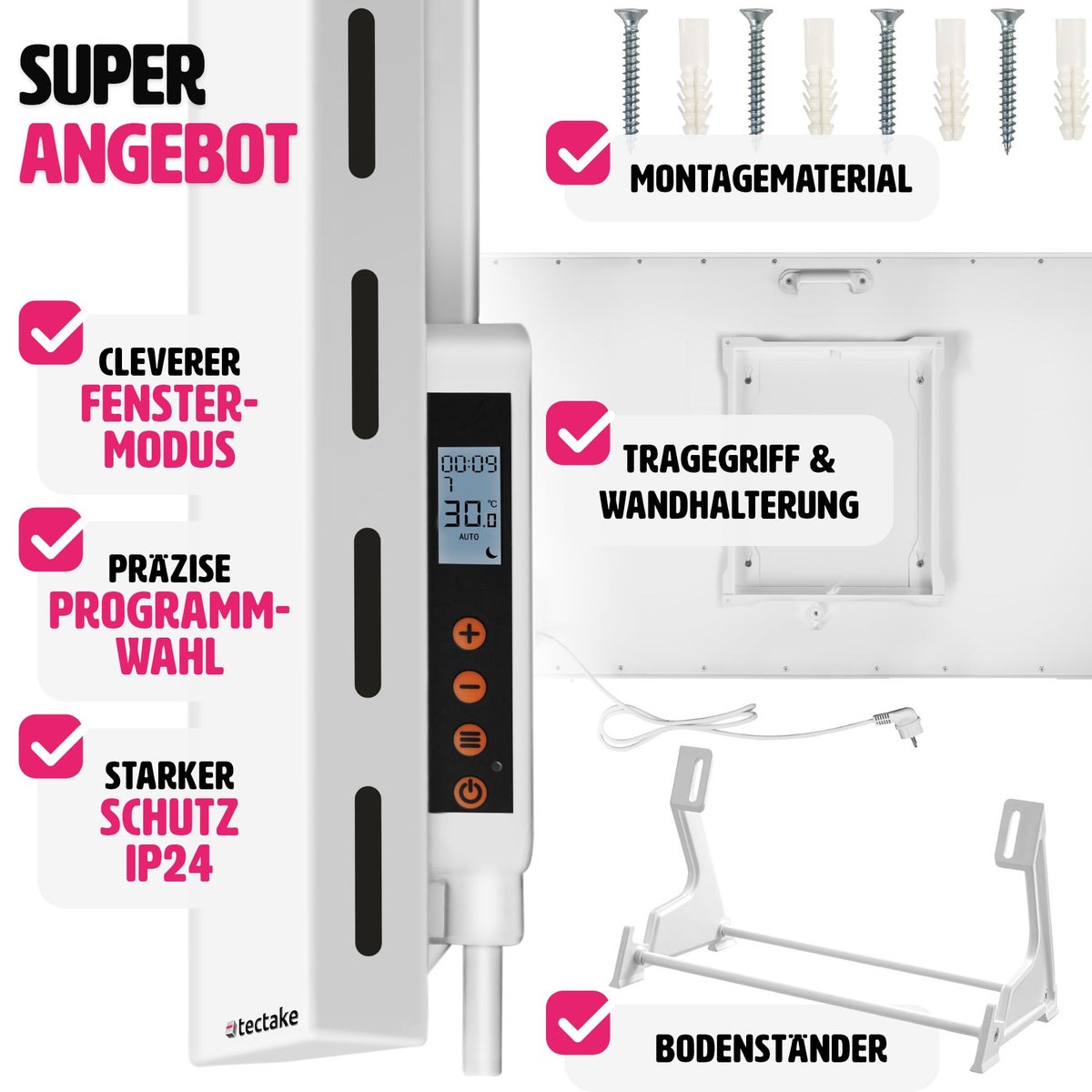tectake frameloze hybride infraroodstraler met thermostaat, eenvoudige wand- of plafondmontage, standaard inbegrepen
