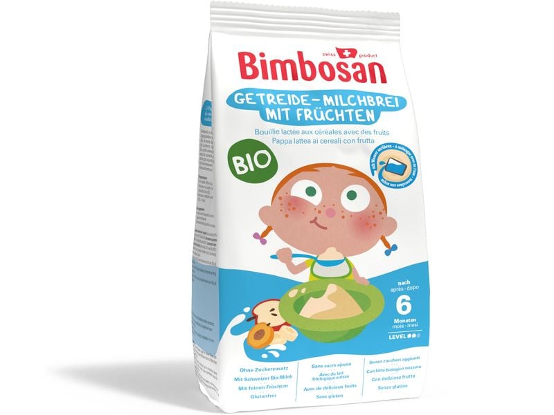 Bimbosan Bio-Getreide-Milchbrei mit Früchten 300 g Getreidebeikost für Säuglinge und Kleinkinder
